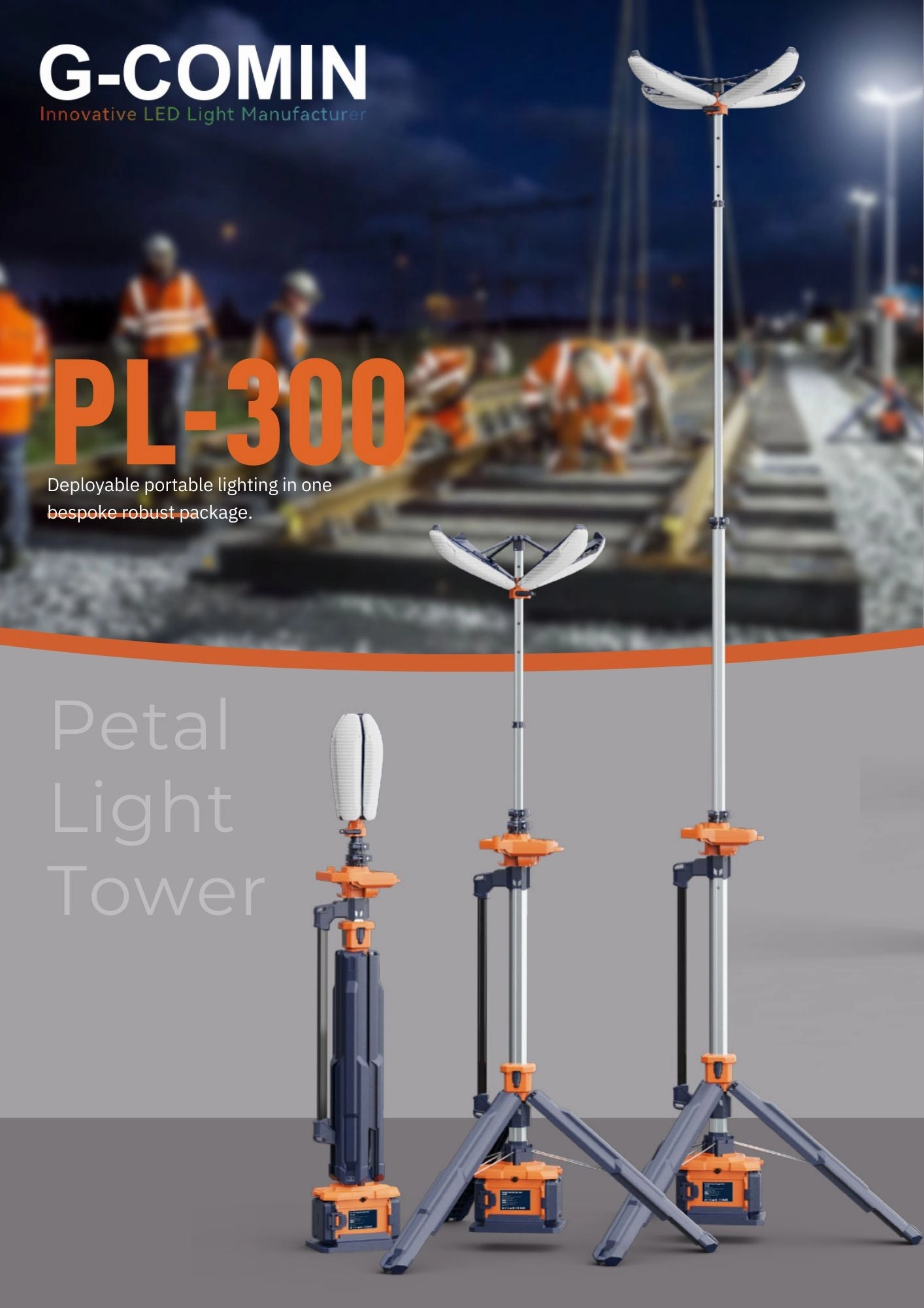 Aiko 3.3M Portable IP66 Li-ion Petal Tower Light (2X Small Battery, 1X Dual Bay Charger) | Model: APL-300-3.3M