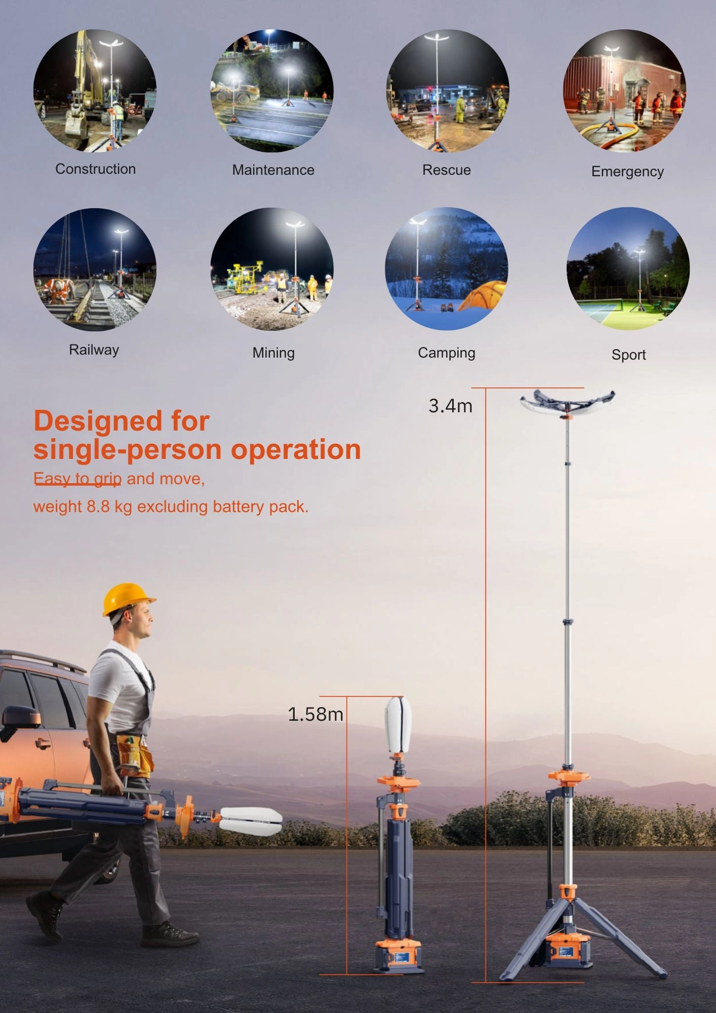 Aiko 3.3M Portable IP66 Li-ion Petal Tower Light (2X Small Battery, 1X Dual Bay Charger) | Model: APL-300-3.3M