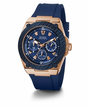 GUESS Mens Blue Rose Gold Tone Multi-function Watch