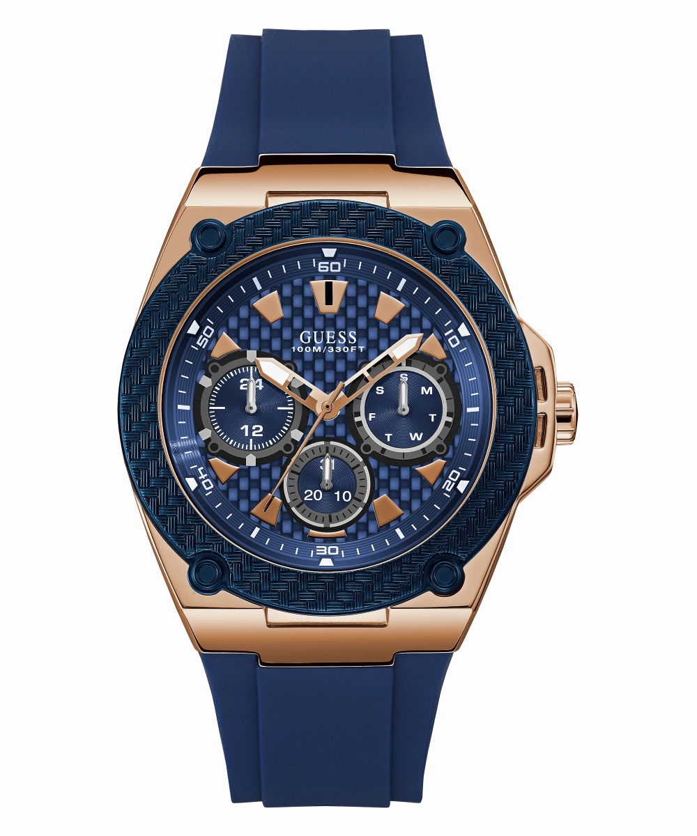 GUESS Mens Blue Rose Gold Tone Multi-function Watch