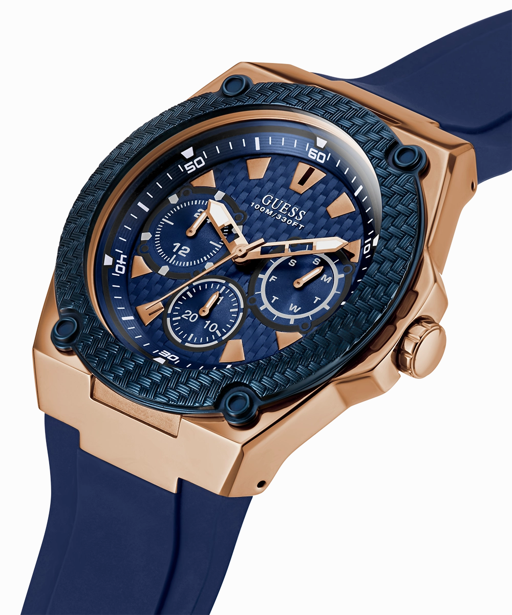 GUESS Mens Blue Rose Gold Tone Multi-function Watch