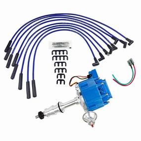 HEI Distributor with BBF Spark Plug Wires & HEI Pigtail Harness Complete Kit Compatible with Ford HD FE-FT 330 361 391 5-16" Shaft One-Wire Installation Blue Cap