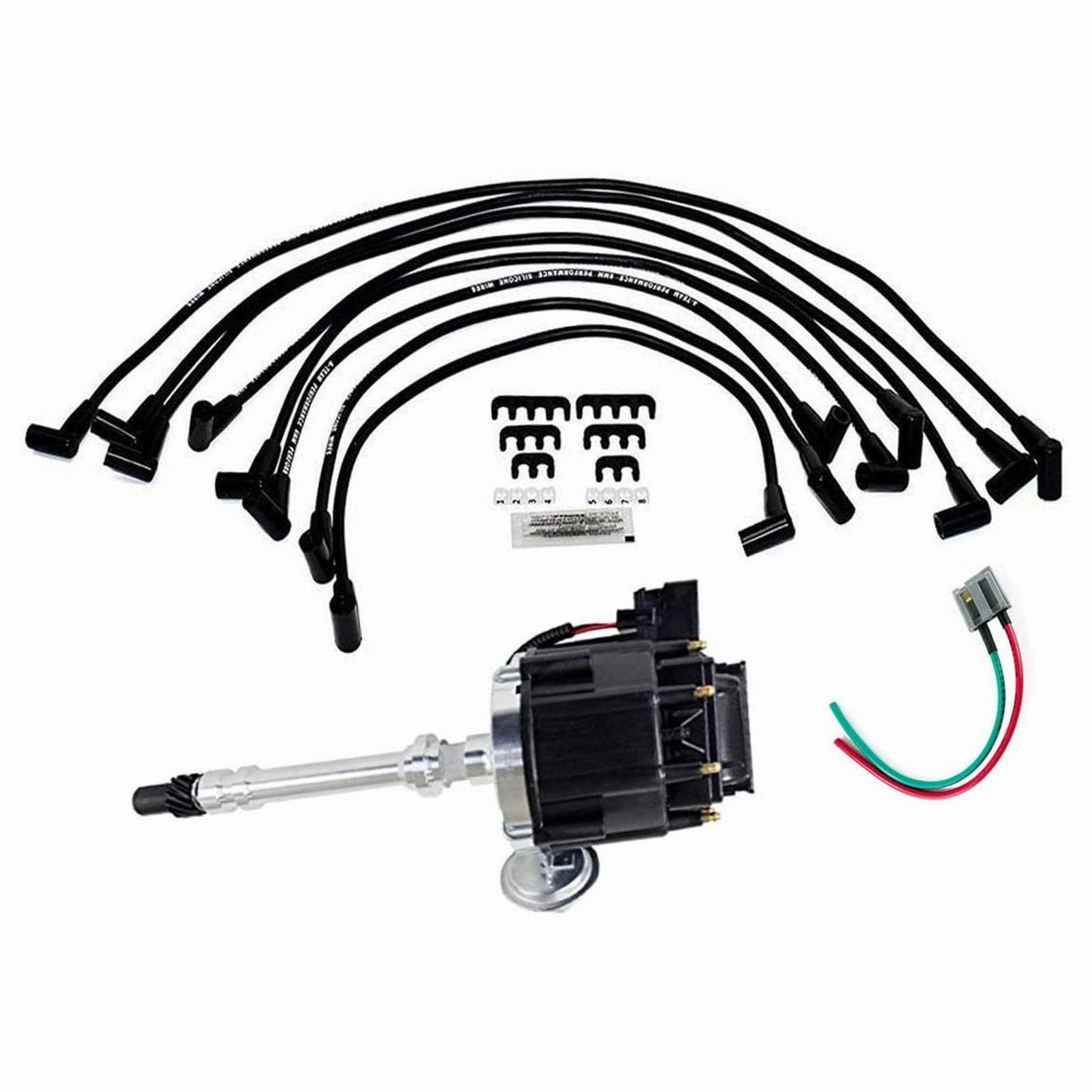 HEI Distributor with SBC Spark Plug Wires & HEI Pigtail Harness Complete Kit Compatible with Chevrolet Chevy GM GMC SBC 262 265 267 283 302 305 307 327 383 400 Black