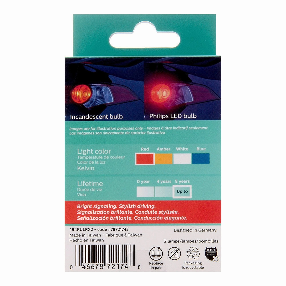 PHILIPS 194RULRX2 Ultinon LED Bulb (Red), 2 Pack