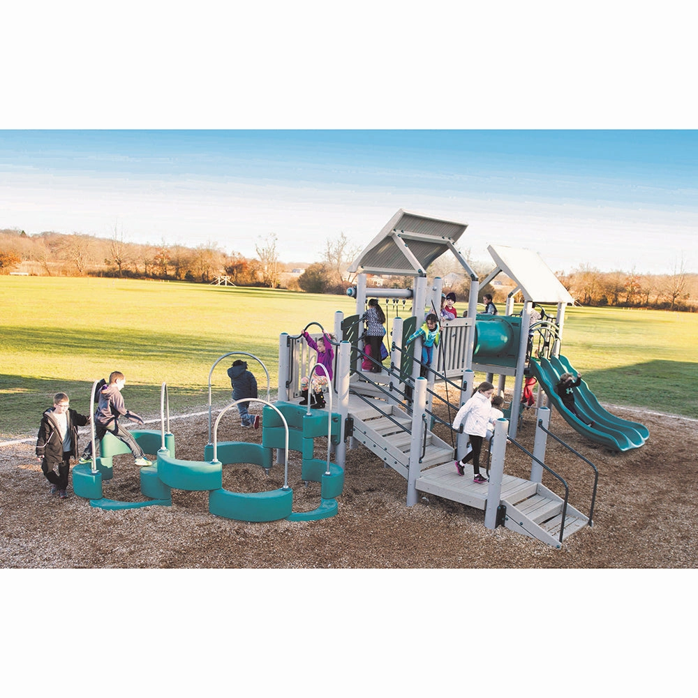 Unity Climbing Playground | Recycled Metal & Plastic | Multi-Level Play with Shade, Tunnel Crawl, and Quiet Spaces